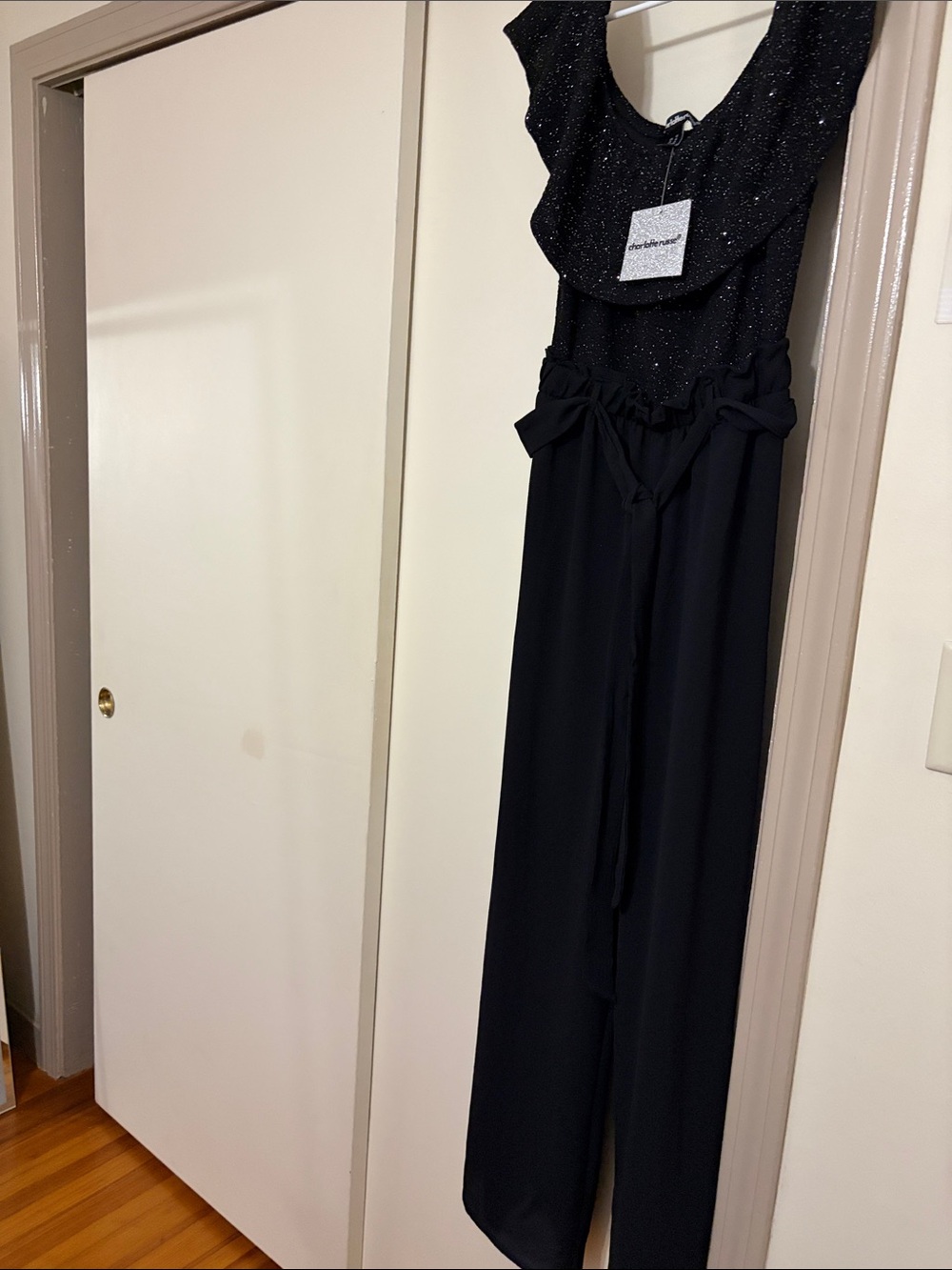 Charlotte Russe Black Sparkle Wide-Leg Jumpsuit with Ruffled Bodice